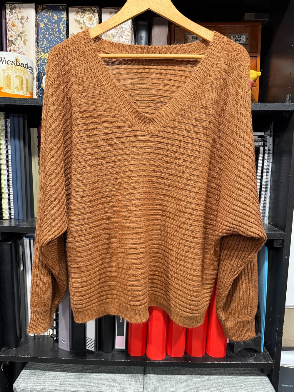 SHEIN Chunky Ribbed V-Neck Sweater in Warm Brown